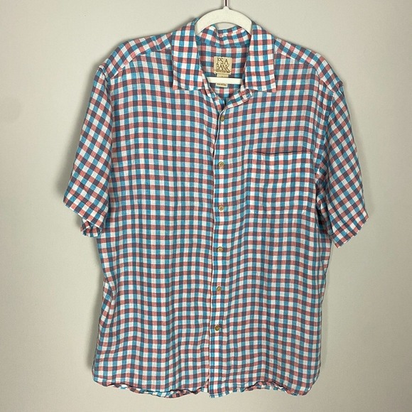 Jos. A. Bank Other - Jos A Bank Plaid Check‎ Linen Button Up Shirt Short Sleeves Mens Large Pink Blue